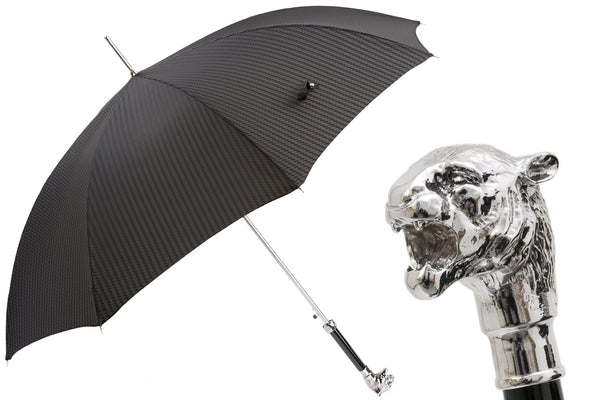 Black Umbrella with Silver Tiger  Handle - PASOTTI
